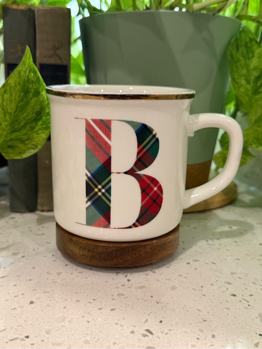 Pottery Barn Monogram Plaid 'B' Ceramic Mug with Gold Rim - White